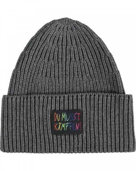 Ribbed Knit Beanie with Patch DU MUSST KÄMPFEN! charcoal One Size