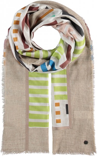 Patchwork stole with stripe-print in silk blend camel