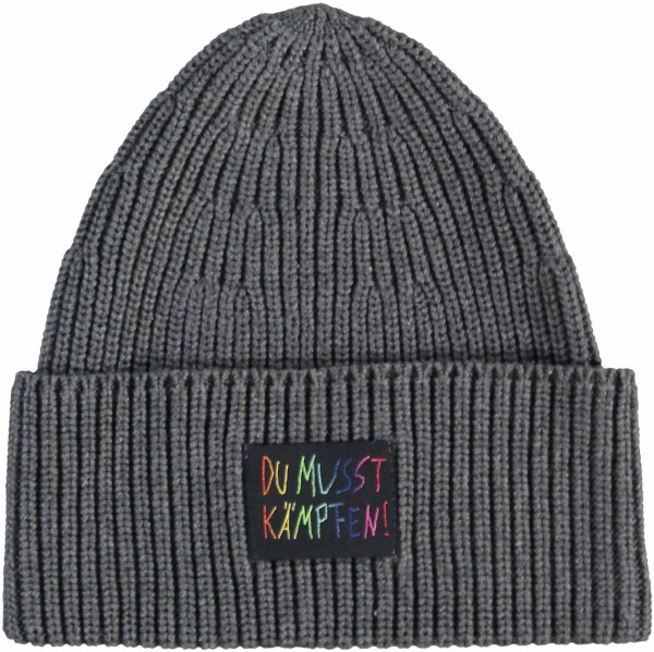 Ribbed Knit Beanie with Patch DU MUSST KÄMPFEN! charcoal One Size